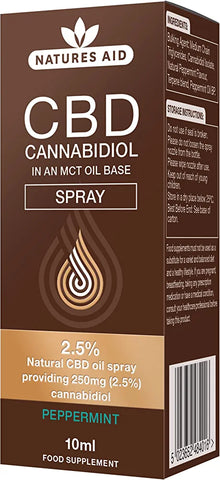Natures Aid CBD Oil 2.5% Spray, 250 mg Cannabidiol, Natural Peppermint Flavour, 10 mlBest before 27/4/23 (ref 73)